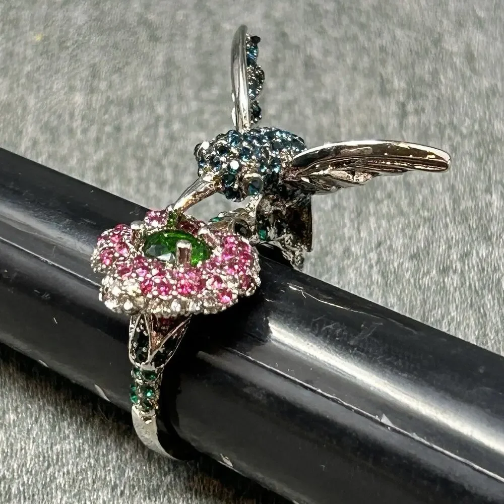 Hummingbird Cocktail Ring Size 9.5 Colorful CZ Flower Pave Bird Band Statement